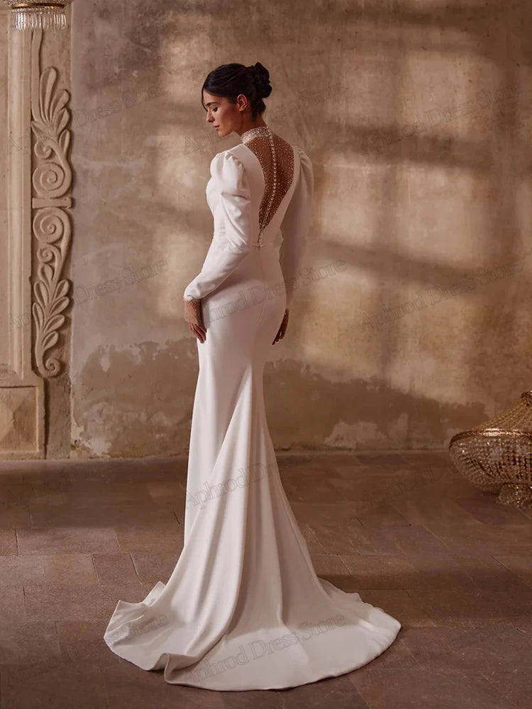Glamorous Wedding Dresses Satin Bridal Gown Modern Robes For Formal Party Full Sleeves High Slit Vestidos De Novia Customized Secondary image
