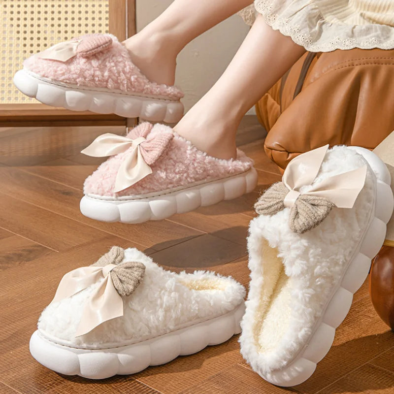 Cotton slippers for Women Autumn and Winter Thick Sole Indoor Home Warm Couples Shoes Bow Non-Slip Flat Platform Women's Slipper Secondary image
