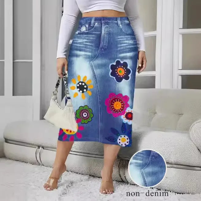 2026 Women's Spring Autumn Elegant Modest Plus size Skirts Fashion Women Silm Fit Dress Imitation Denim Print Bag Hip Skirt