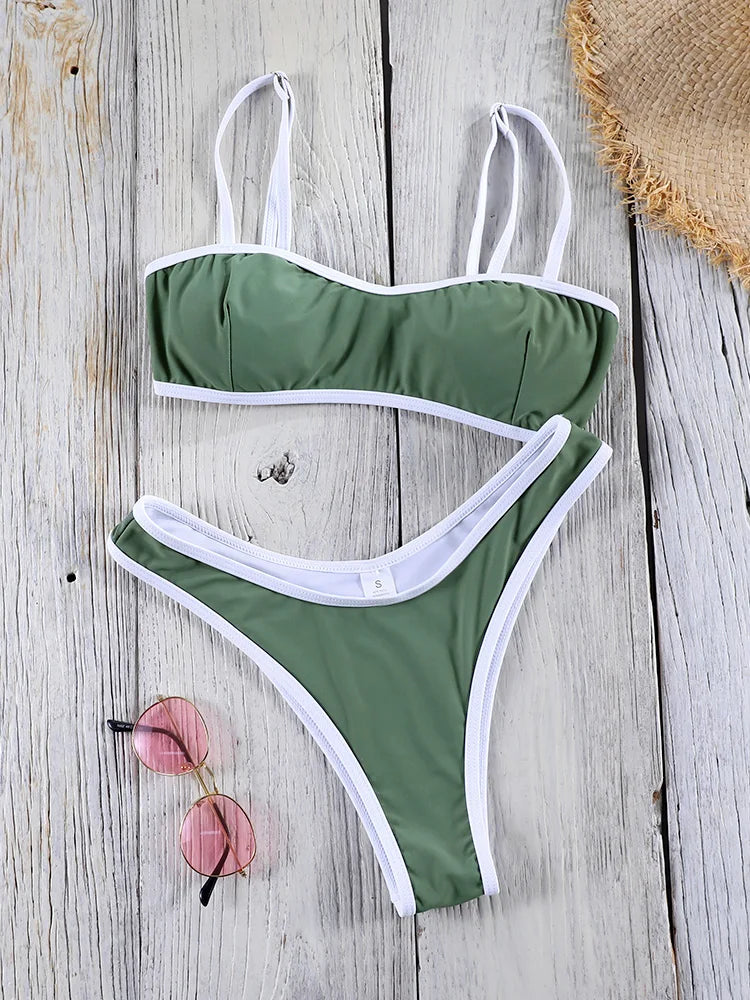 Bandeau Bikini 2025 Halter Bordered Swimsuits Women Bandage Swimwear Green Bathing Suit Sexy Biquini Mujer Low Waist Beach Wear Main image