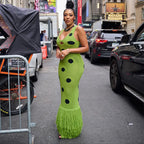 Women Sexy See Through Knitted Maxi Dress Hollow Out Deep Neck Pot Robes Tassel Hem Fork Party Vestidos 2025 New Lady Club Gown