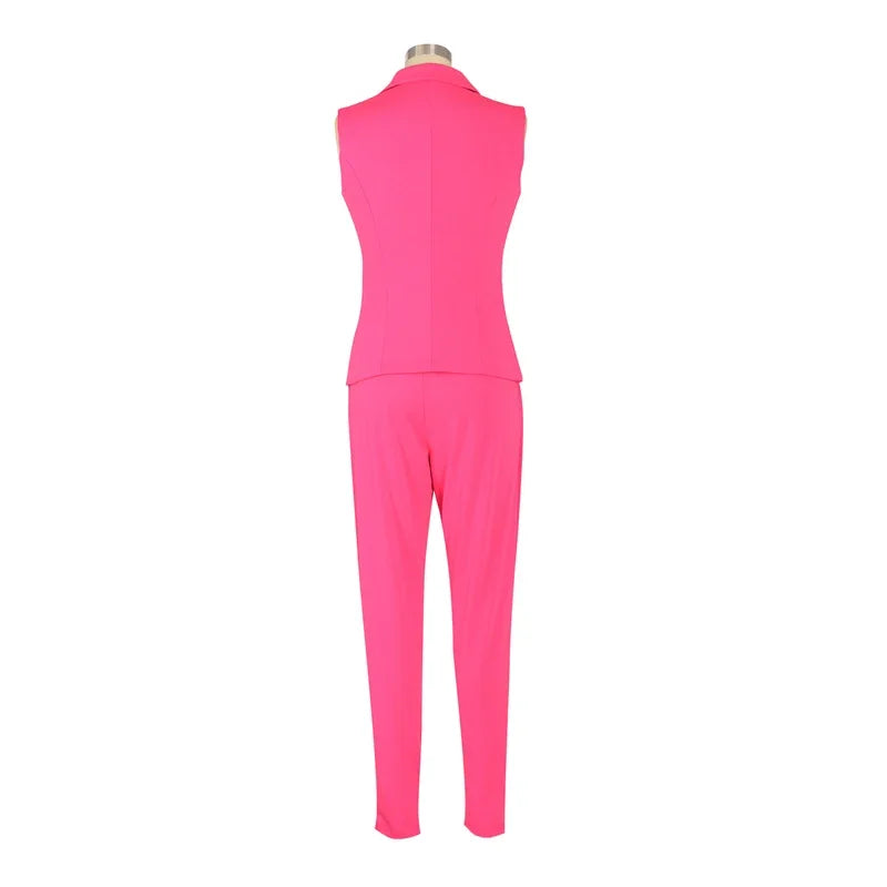 Business OL Work Wear Two Piece Pant Suits for Women Set Elegant Sleeveless Blazer Top + Pencil Pants Office Lady Matching Sets