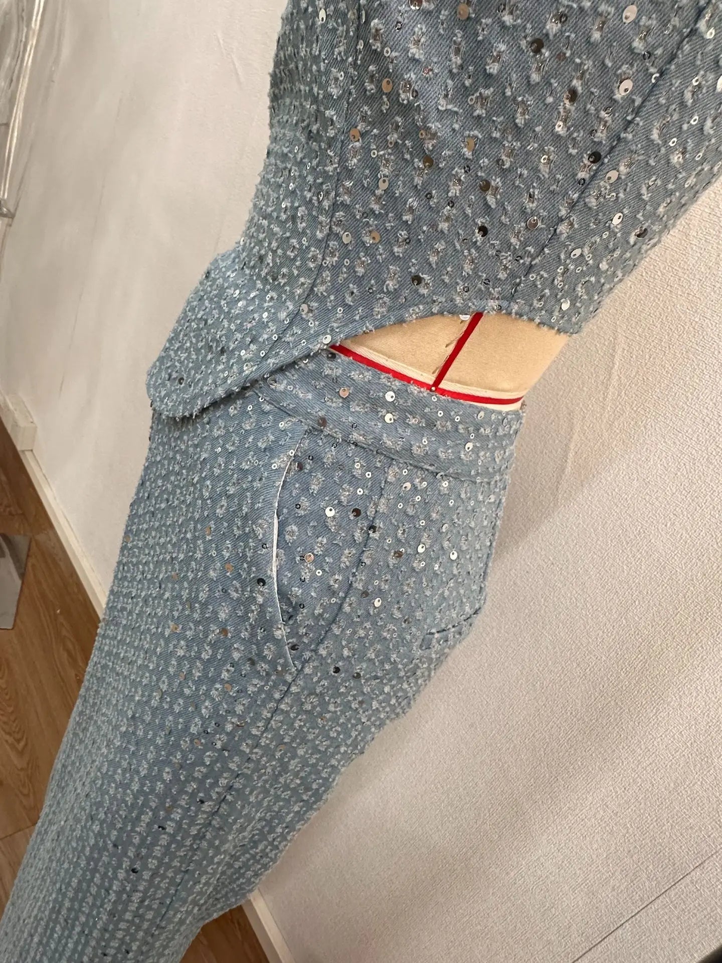 Fashion Sequins Denim Set Women Strapless Tunic Waist Crop Top and Wide Leg Pant Suit 2025 &2026 New 2 Piece Sets Outfits Tracksuit