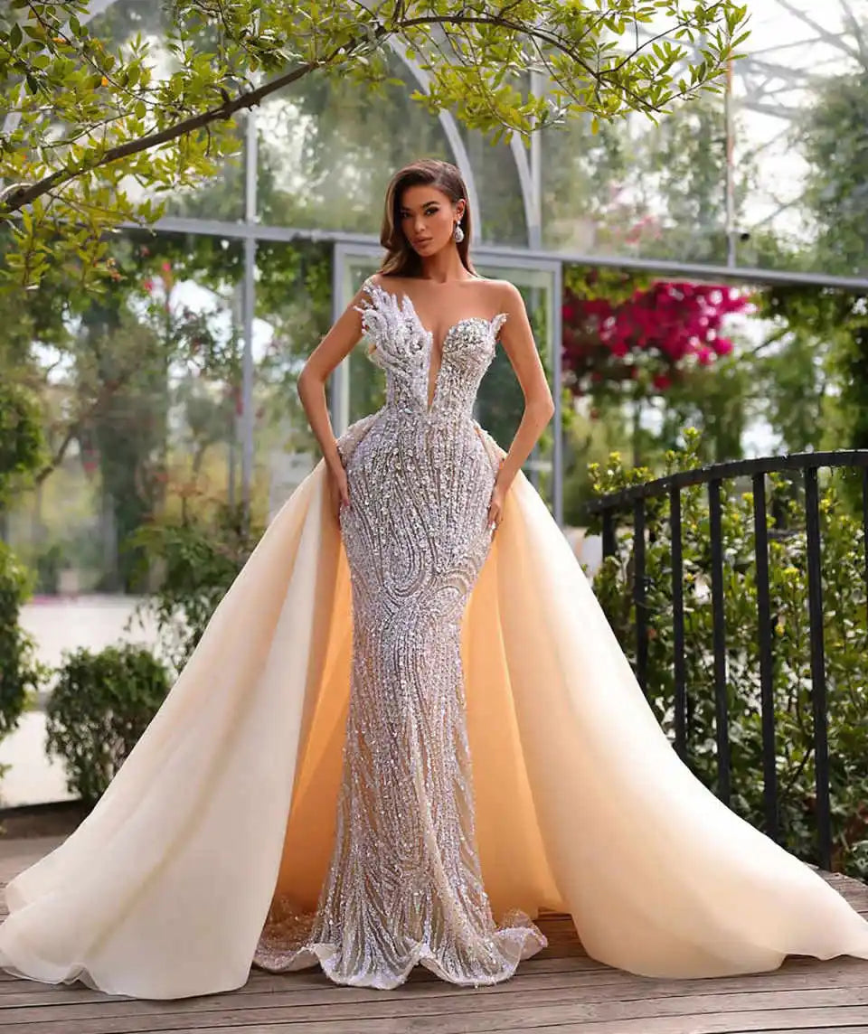 Fashion Mermaid Evening Dress Sleeveless Prom Gowns V-Neck Beads Satin Pearls Sexy Prom Dress vestidos de novia Size Customized