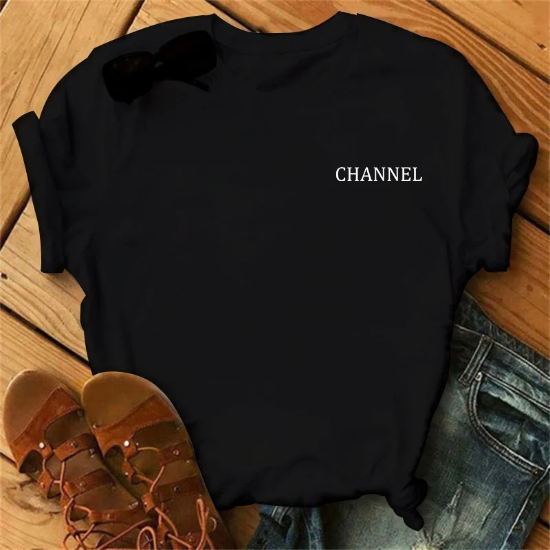 100% pure cotton summer loose-fitting CHANNEL letter print casual fitted round-neck short-sleeve t-shirt top Secondary image
