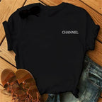 100% pure cotton summer loose-fitting CHANNEL letter print casual fitted round-neck short-sleeve t-shirt top