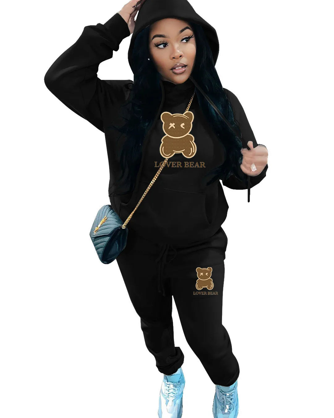 2 Piece Set Women Outfit Letter Bear Print Hooded Neck Hoodies Sweatshirt Pants Tracksuit 2024 Plus Size Streetwear Casual Suit