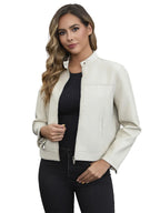 Black Women's Fitted Leather Jacket with Front Zipper & Side Pockets‌, Available in Brown, Navy Blue, and Beige.