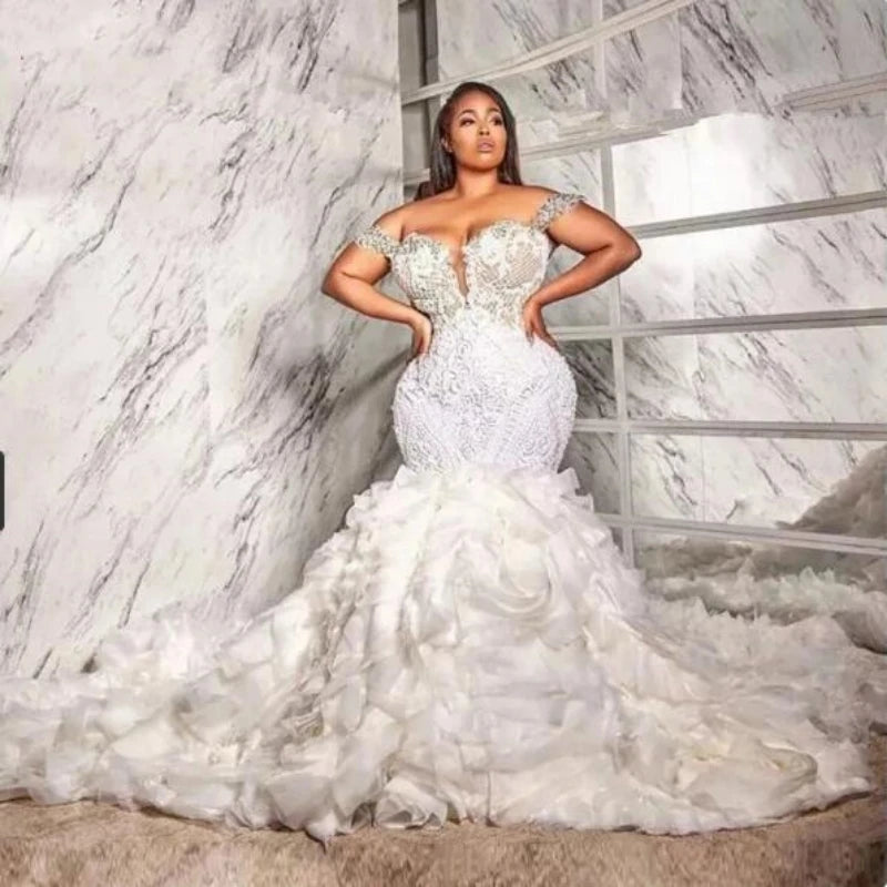 South Africa Luxury Mermaid Wedding Dress with Ruffle 2026 Lace Appliques Crystals Beadings Plus Size Bridal Gowns Custom Made