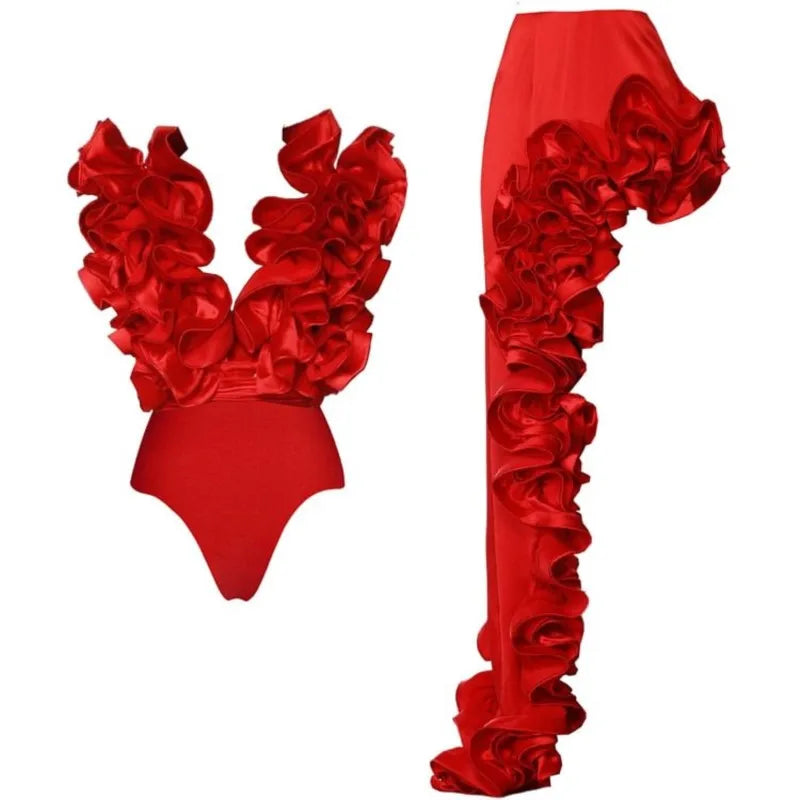 Bikini Bodysuit Swimwear Women With Skirt Bathing Suit Summer New Ruffle Splice Print Beachwear Holiday Bikini Cover Ups Outfits
