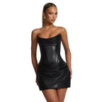 Suninheart Pu Faux Leather Party Dress Women 2026 Strapless Bodycon Mini Dress Elegant Lace Up Ruched Dress for Wedding Events