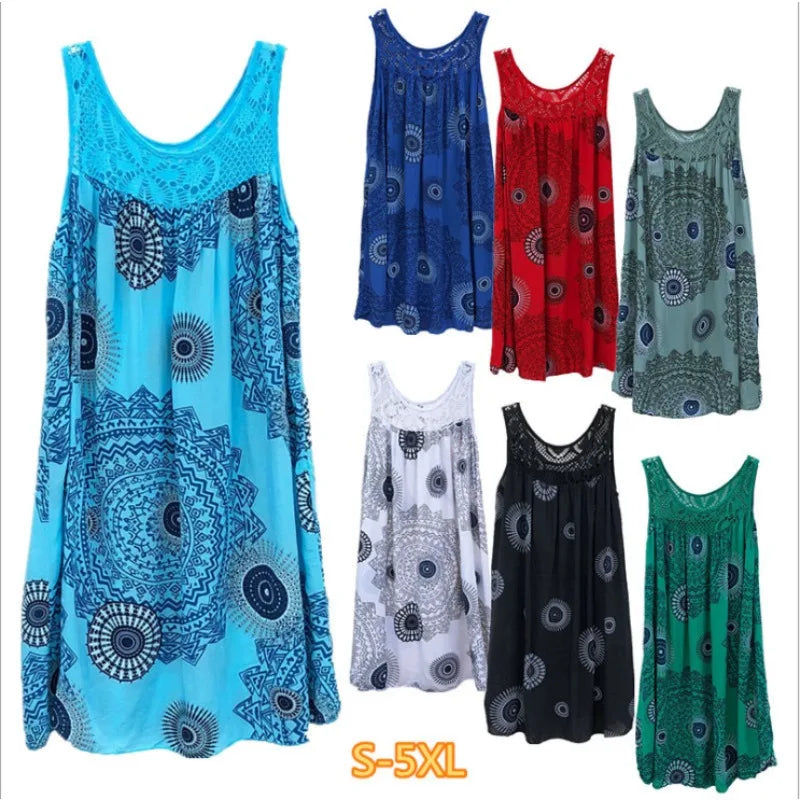 Women's clothing summer sleeveless camisole dress lace print sleeveless large swing loose sexy dress long skirt plus size Main image
