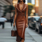 PU Leather Sleeveless Simple Party Dress, Women Summer Belt Patchwork Chic Maxi Dress, New Turn-Down Collar Elegant Ladies Dress