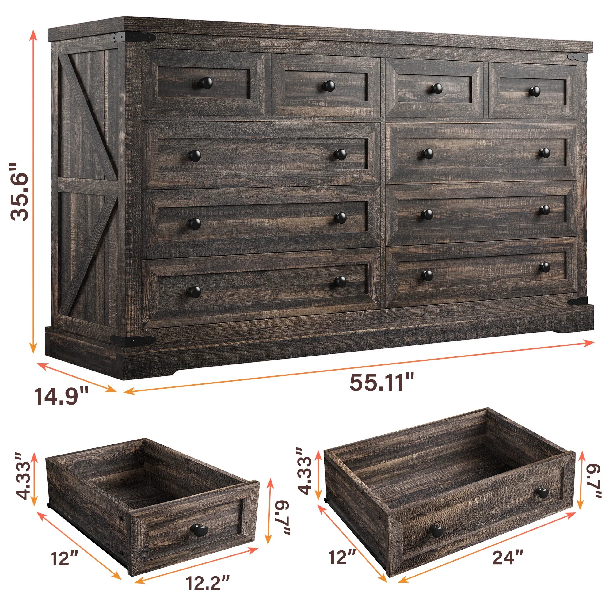 EnHomee 10 Drawer Large Antique Farmhouse wood Dresser and TV Stand with Smooth Metal Rail for Bedroom Storage