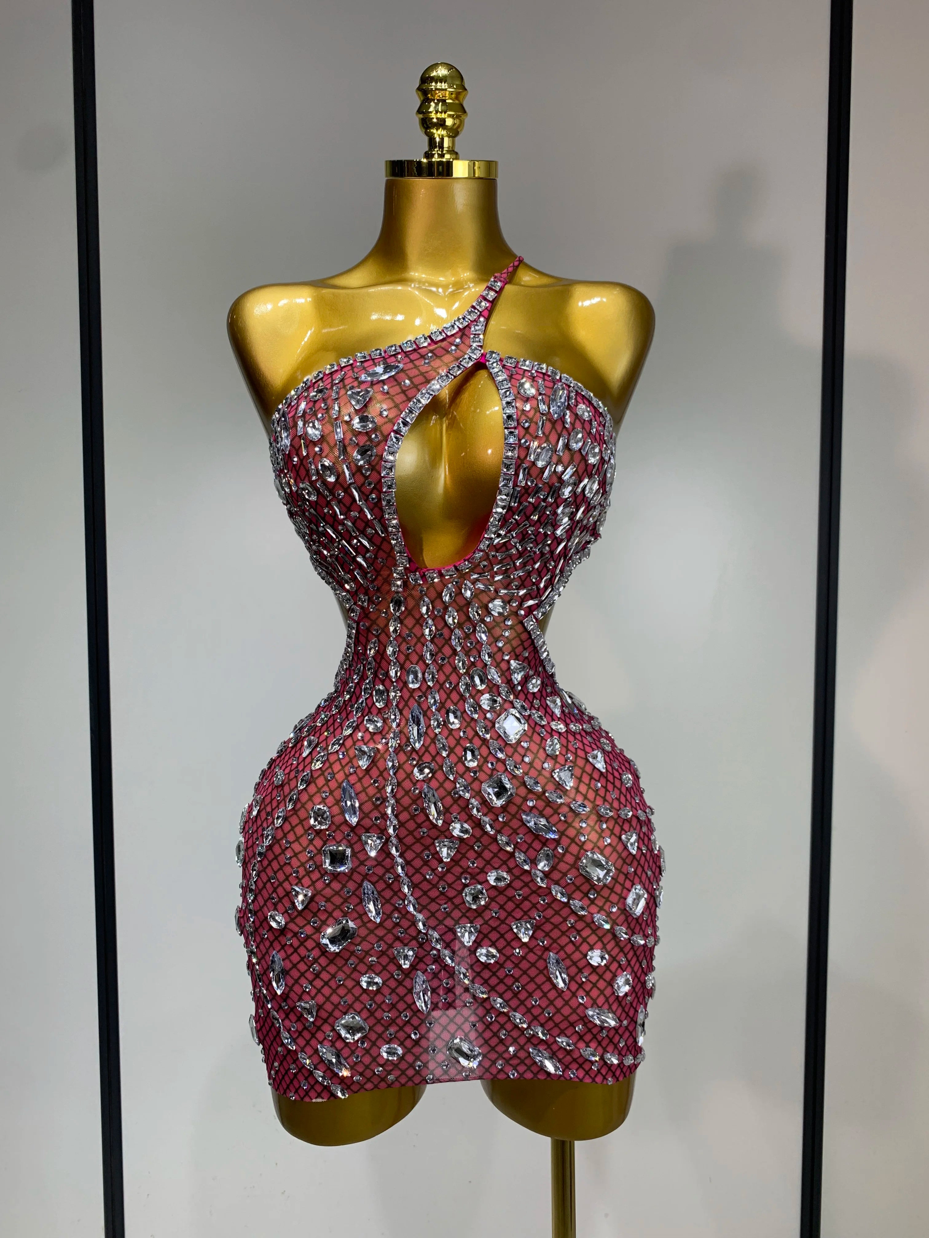 Sexy Sparkly Diamond Backless Short Dress 2026 Women Sleeveless Mesh See Through Evening Birthday Gown Singer Stage Outfit