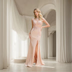 Popular Mermaid Slit Evening Dresses Gowns 2025/2026 Elegant Pearl Pink V Neck Lace Applique Sexy Formal Maxi Dress For Prom Party