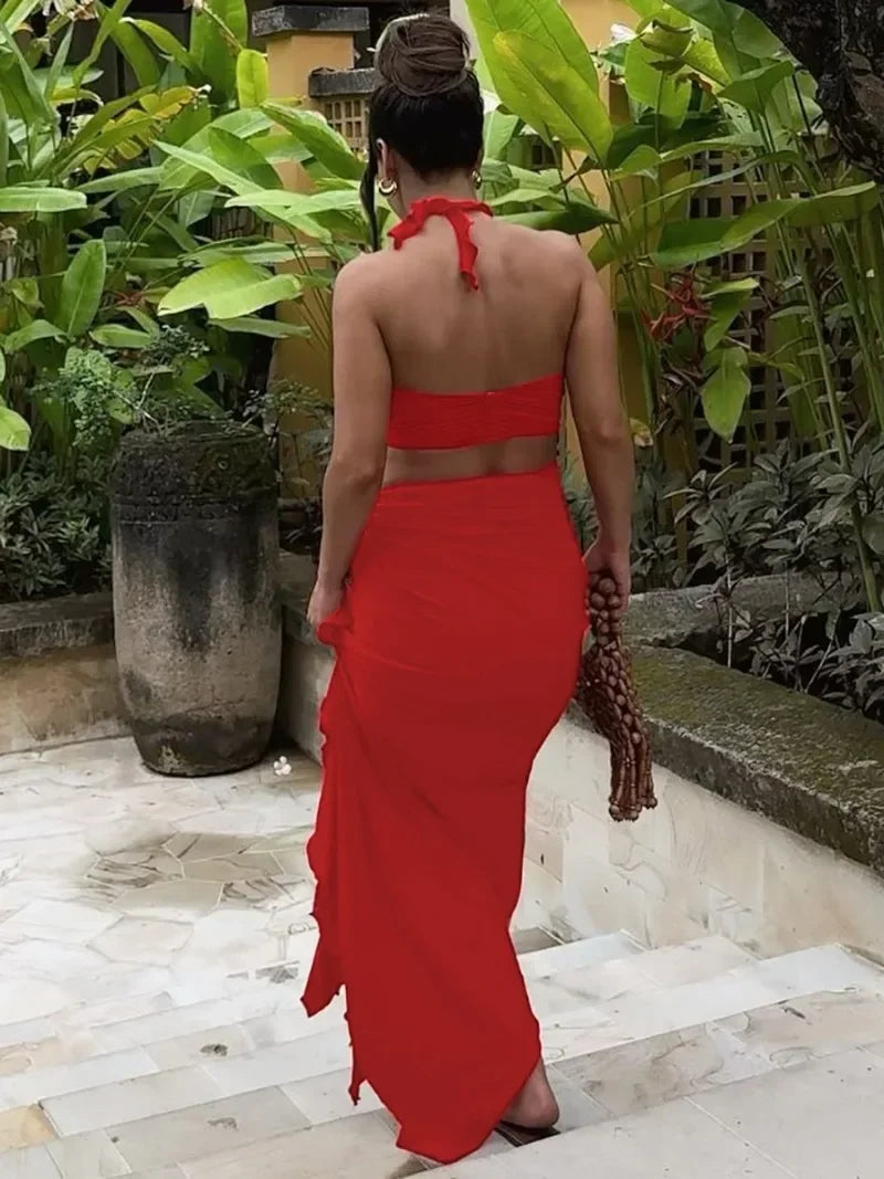 Women's Elegant Two Pieces Dresses Suits Flower Corset Top and High Slit Long Skirts Matching Sets Red Pink Vacation Outfit & 2026