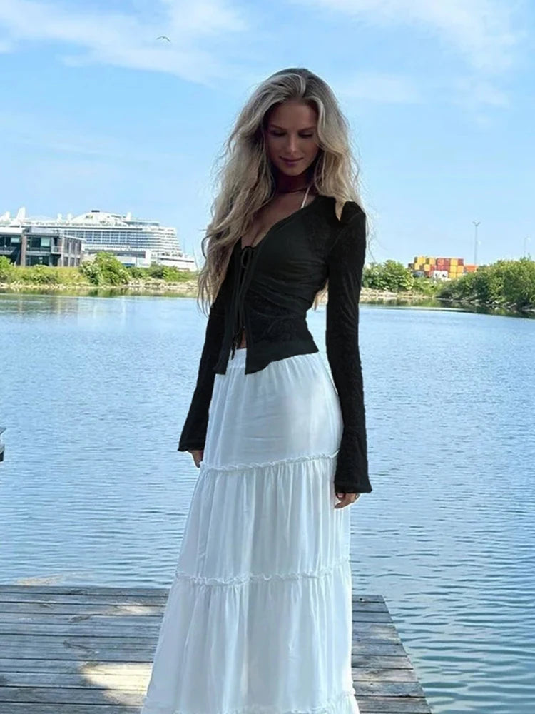 Autumn New Fashionable Chiffon Slim Fit Ruffle Trumpet Sleeve Shirt for Women