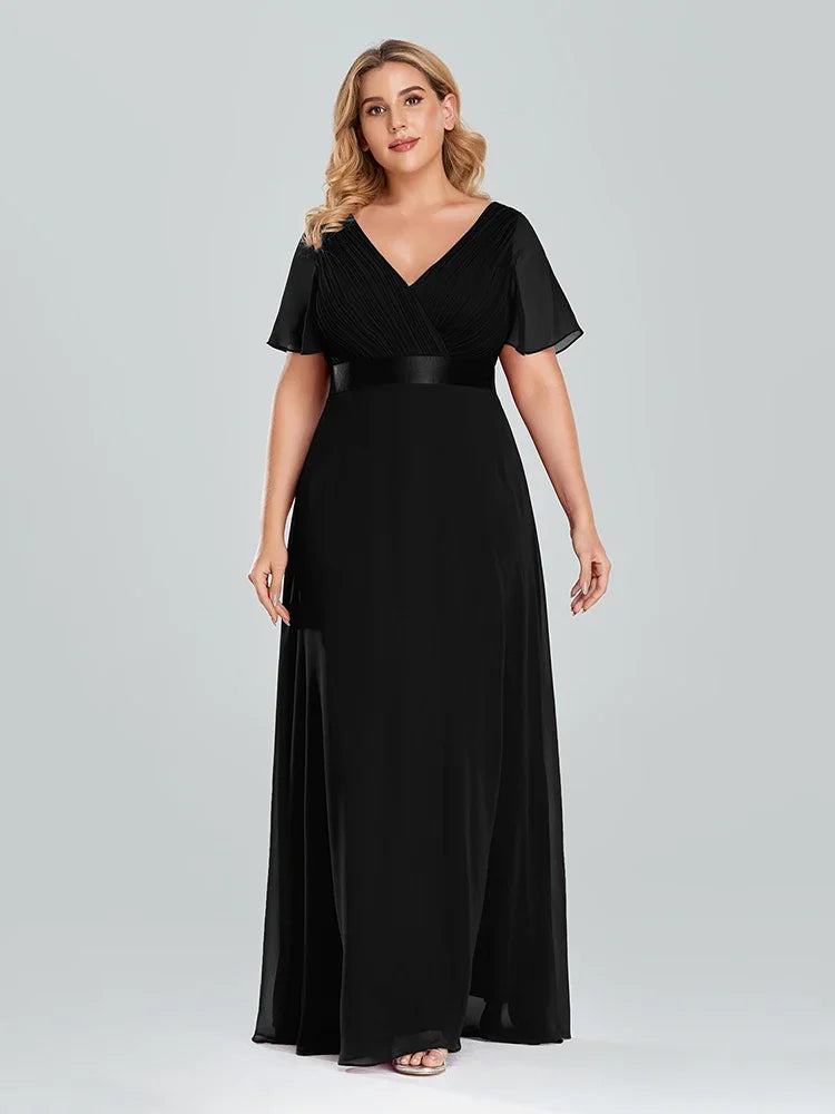Prom Dresses Plus Size Evening Dresses Long  Elegant A Line V Neck Ruffles Chiffon Formal Wedding Party Dress Robe De Soiree