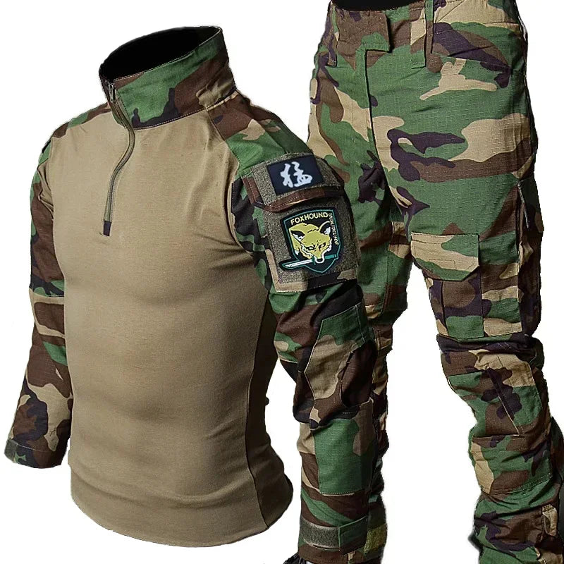 Camo Tactical Sets Outdoor Long Sleeve Wear-resisting T Shirts+Multi-pocket Tactic Cargo Pants Suit Training Workwear Combat Set