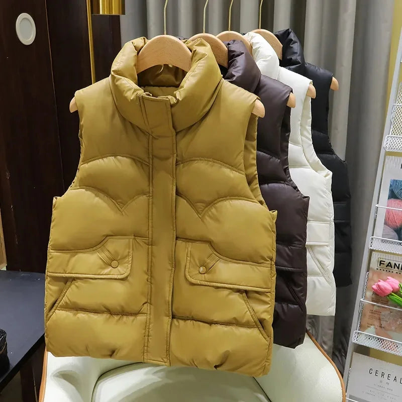 Down Cotton Vest Women 2025 New Autumn Winter Fashion Stand Collar All-Match Warm Sleeveless Waistcoat Jacket Ladies Female Tops