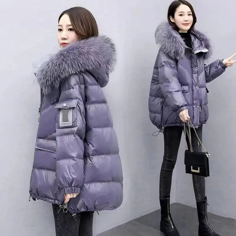 2025 Winter New Warm Down Cotton Jacket With Large Fur collar Hooded Coat Loose Women Thicken Parker Puffer Overcoat Casual wear Main image