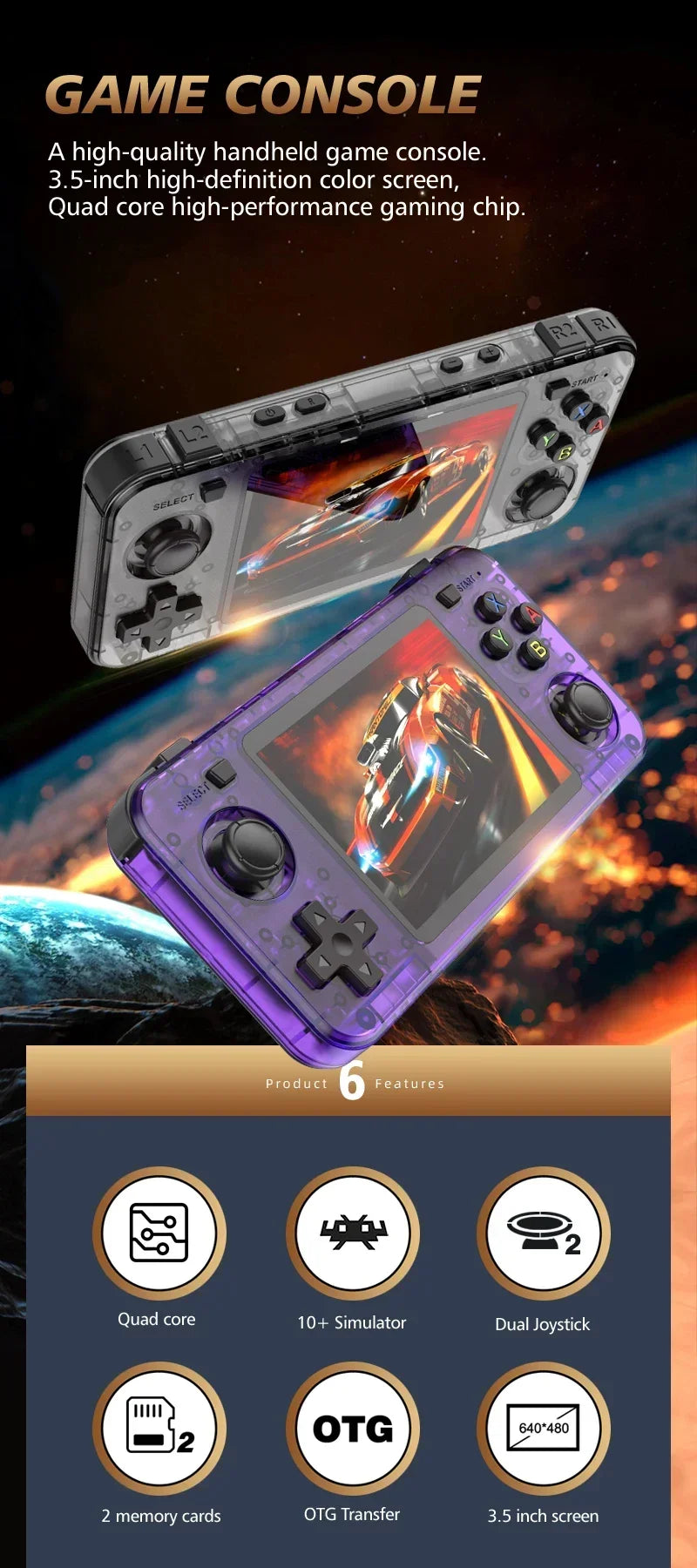 BOYHOM New R36H Handheld Game Console 3.5-inch IPS Screen Linux RK3326 Retro Video Games Player 3000 mAh 64G 10000+ Classic Game