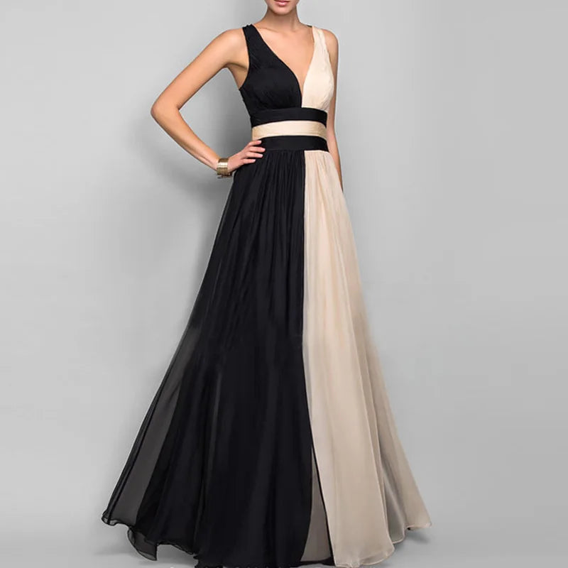 Party Dress Lady Chic Sleeveless Pleated Long Dress Elegant High Waist Evening Maxi Dress Women Fashion Gradient Patchwork Black