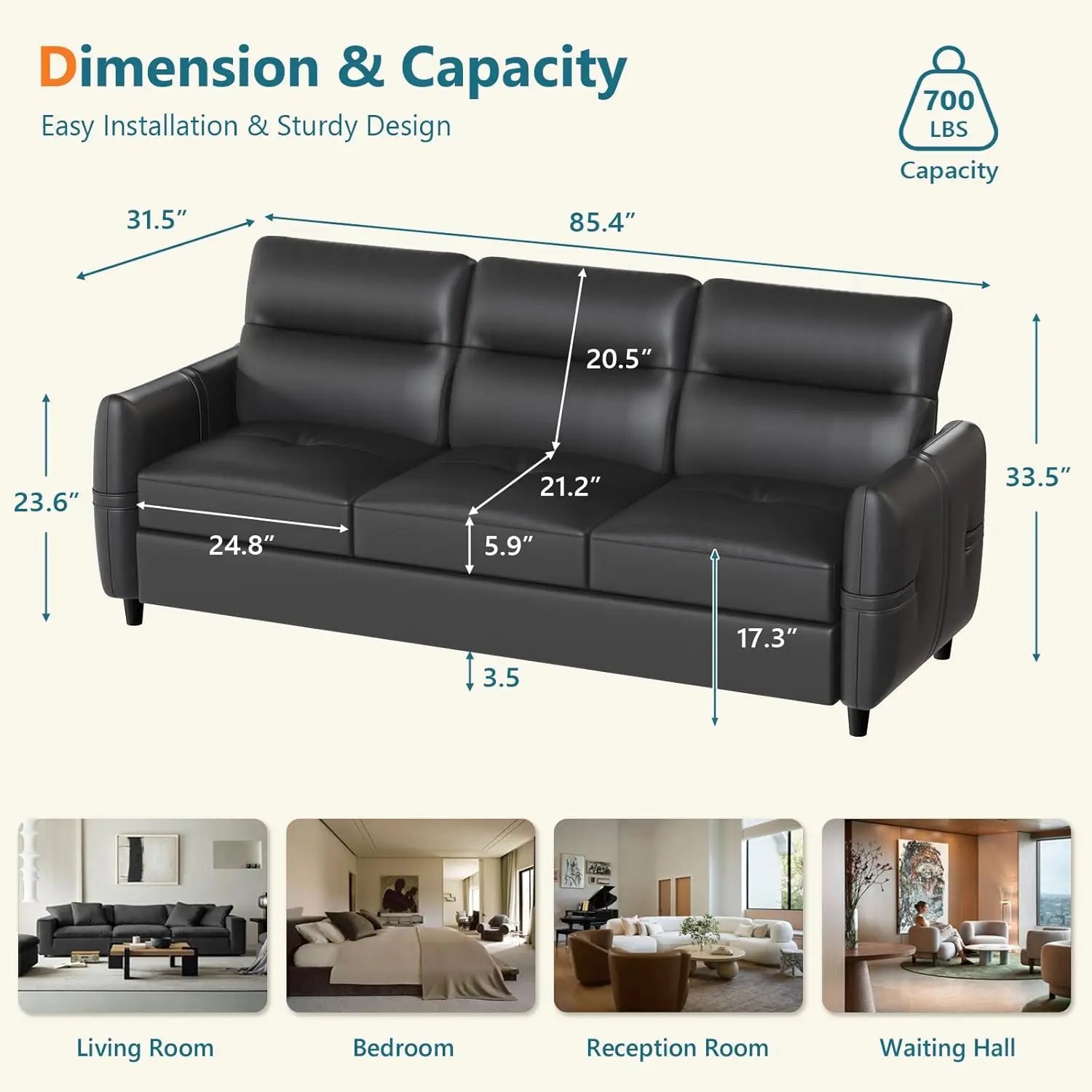 85” Black Faux Leather Couch with USB, 3 Seater Sofa Couches for Living Room, Large Mid Century Modern Office Apartment Couch (B Secondary image
