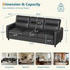 85” Black Faux Leather Couch with USB, 3 Seater Sofa Couches for Living Room, Large Mid Century Modern Office Apartment Couch (B