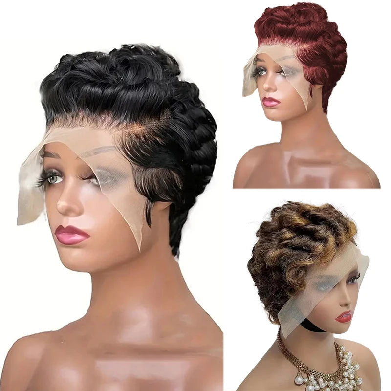 Pixie Curly 100% Human Hair Wig 13x4 Short Bob Wig Pixie Cut #350 Colored 99J  Lace Frontal Human Hair Wigs for Black Women Secondary image