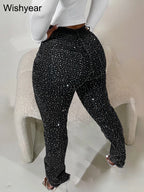 Fashion Skinny Stretch Jeans for Women Luxury Diamonds Hole Pencil Pants High Waist Washed Streetwear Y2k Streetwear Trousers