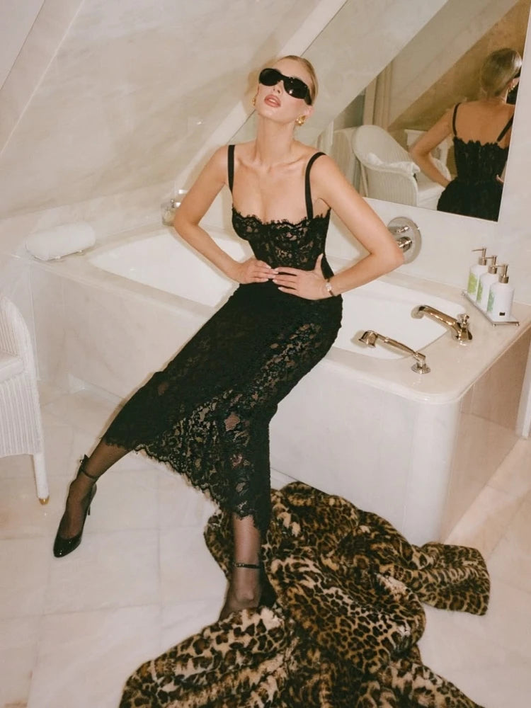 Sexy Spaghetti Strap V Neck Lace Long Dress Women Black Floral Lace Sleeveless Bodycon Dresses Elegant Evening Celebrity Party