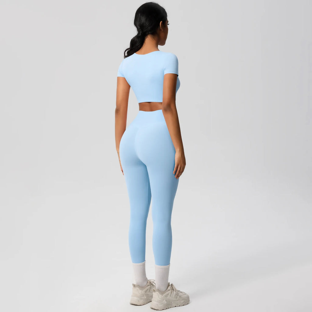 2PCS Woman Gym Sports Yoga Set Knitted Slim Workout Top Short Sleeve Quick Drying Legging Fitness Pants Running Sports Yoga Suit