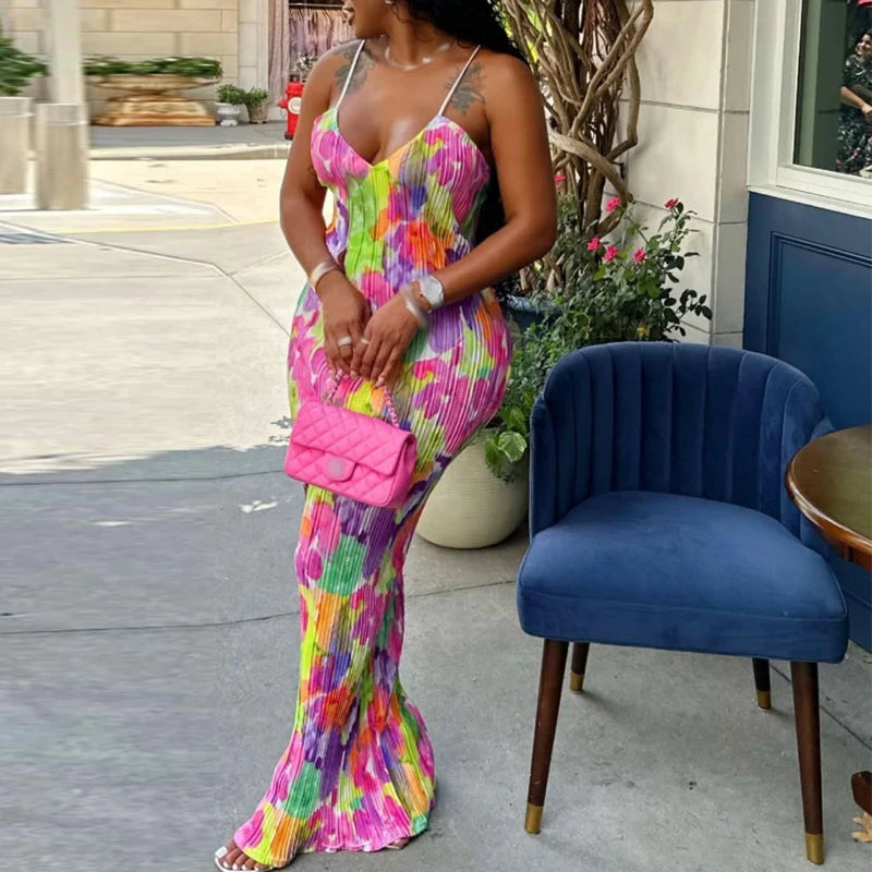 Color Printed Spaghetti Strap Maxi Dresses For Women Sexy V-neck Slim Backless Folds Dress Fashion Evening Party Elegant Vestido Main image