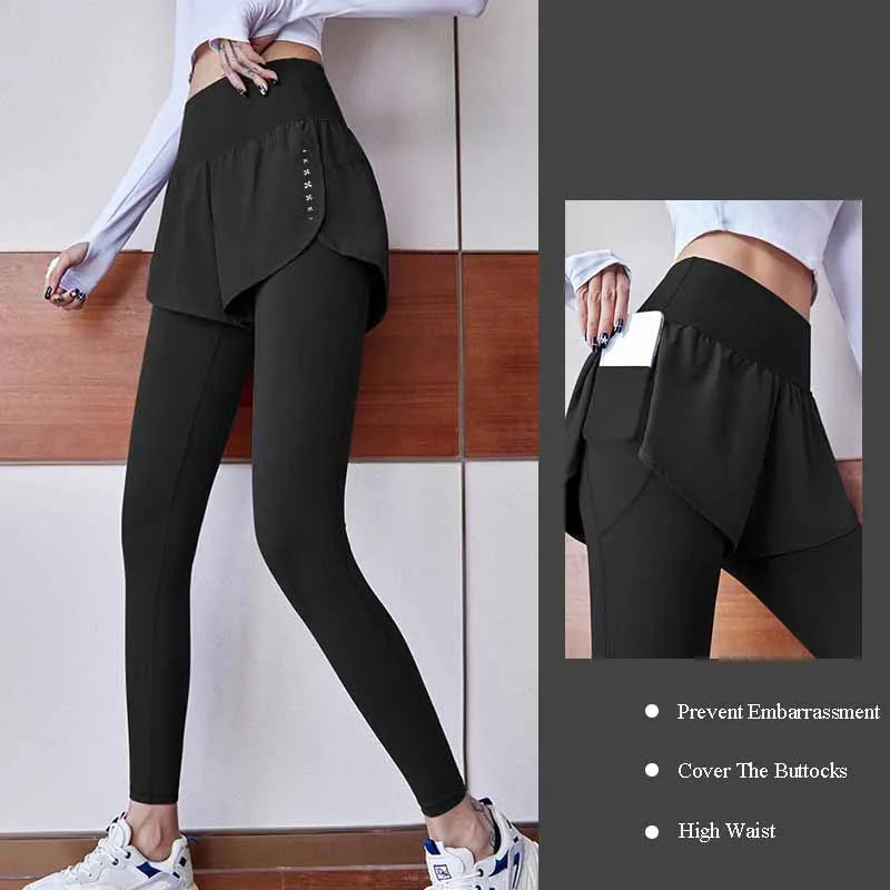 Women's Gym Leggings Elastic High Waist Fake Two Pieces Yoga Pants With Pockets Sportswear Running Tights Gym Yoga Wear Main image