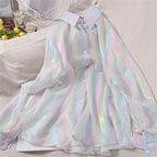 Rainbow Loose Women Tops Shirts Colors Glossy Thin Blouse Fashion Korean Long Sleeve Summer Beach Cute Ladies Tops Summer Casual