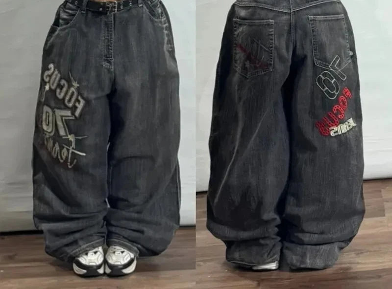 Harajuku Vintage Hip-hop Pop Letters Embroidered Washed Baggy Jeans Ladies Y2K Gothic Fashion Casual High Waist Wide Leg Pants Secondary image