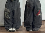 Harajuku Vintage Hip-hop Pop Letters Embroidered Washed Baggy Jeans Ladies Y2K Gothic Fashion Casual High Waist Wide Leg Pants