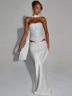 Mozision Sequins Sexy Dress Set Women Sparkle Scarf Collar Crop Tops And Maxi Skirt Elegant Club Party Satin Skirt Matching Set