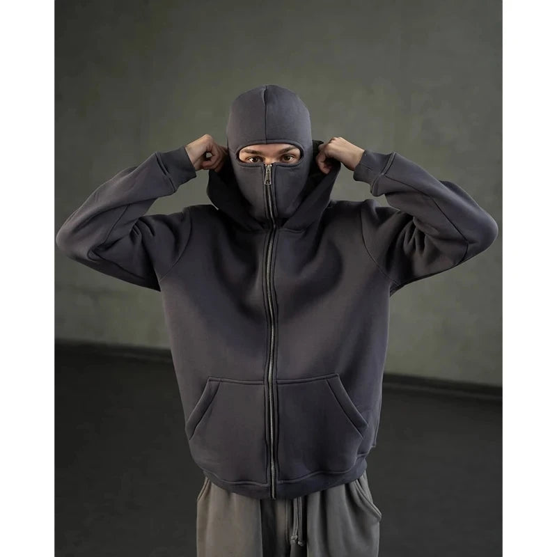 Men's and women's Balaclava Y2K Gothic Harajuku winter new item double hooded sweatshirt Unisex hooded mask zipper sportswear