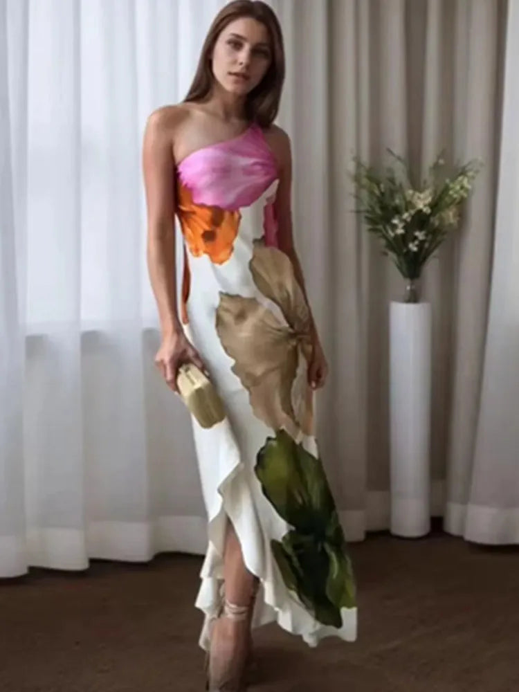 Zevity Women Sexy Single Shoulder Floral Print Slim Long Dress Female Chic Backless Side Zipper Brand Party Vestidos DS9198 Main image