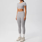 2PCS Woman Gym Sports Yoga Set Knitted Slim Workout Top Short Sleeve Quick Drying Legging Fitness Pants Running Sports Yoga Suit