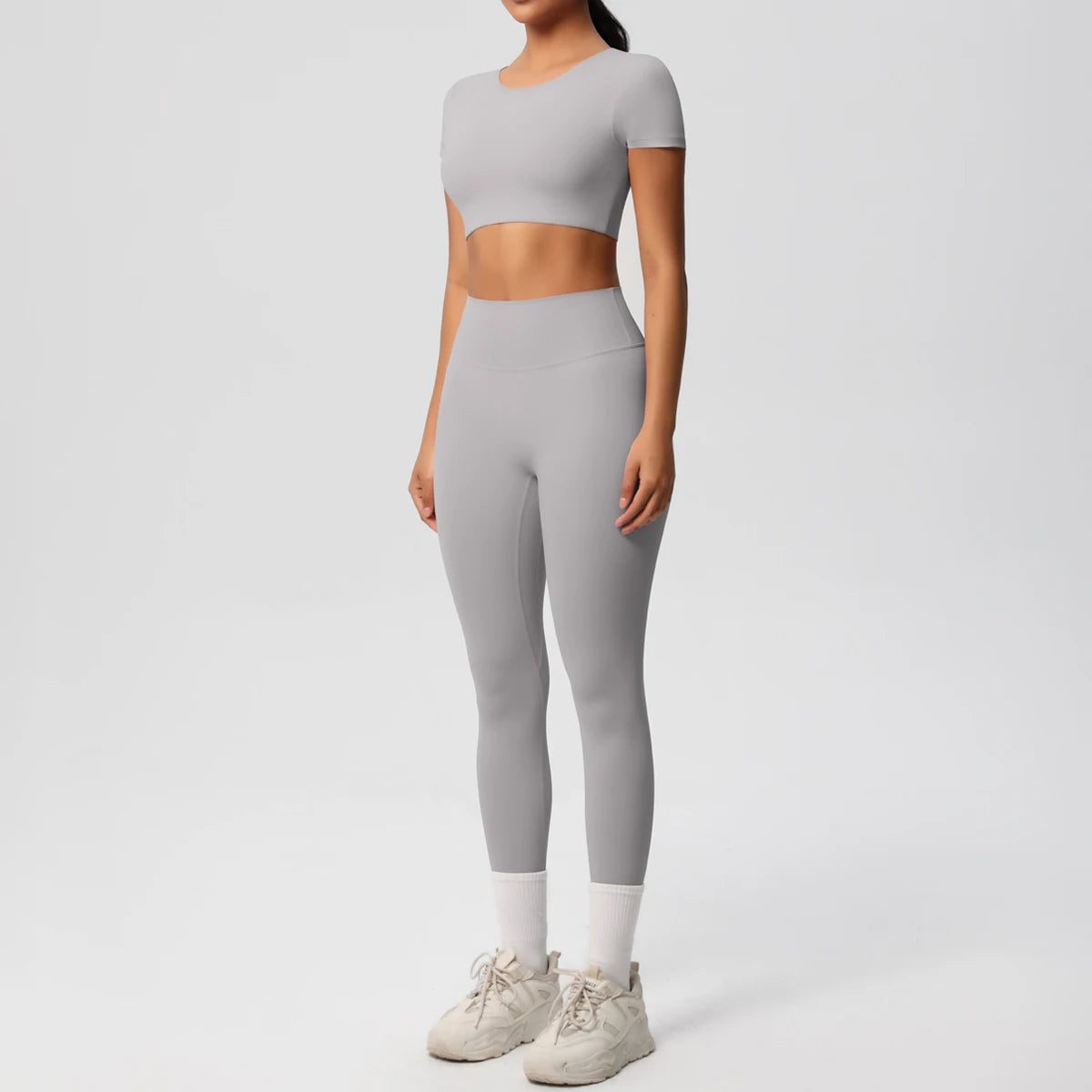 2PCS Woman Gym Sports Yoga Set Knitted Slim Workout Top Short Sleeve Quick Drying Legging Fitness Pants Running Sports Yoga Suit