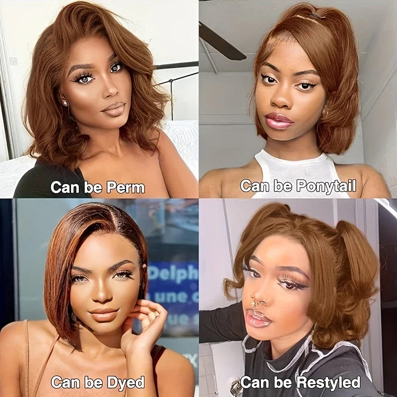 16Inch Chocolate Brown Straight Bob Wig 13X4 Lace Frontal Wig Natural Hairline Lace Front  Short Wig Human Hair 100% Pre Plucked