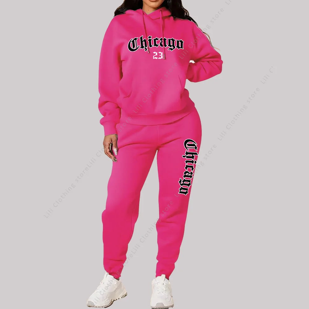 Women's Sets Hoodies Pants 2 Piece Outfits Aesthetic Sportswear Sweatsuit Chicago Graphic Letter Print Plus Size Pink Tracksuit Secondary image