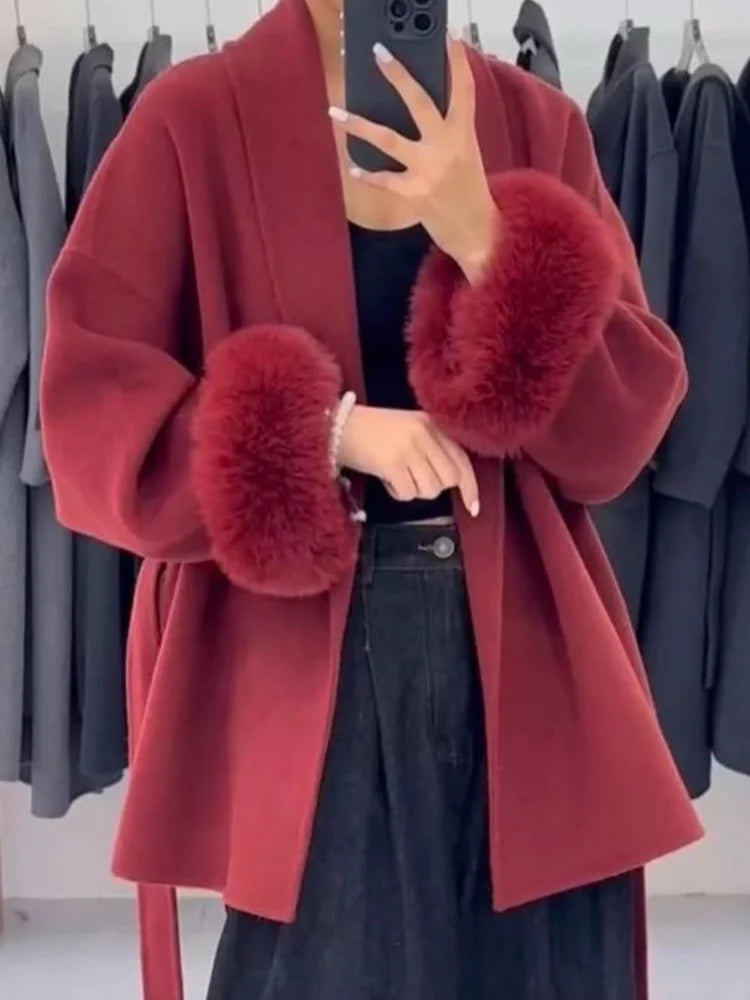 Elegant Lace Up Woolen Short Coat Solid Loose Lapel Furry Belt Long Sleeve Jacket Female 2025 Autumn Winter Lady Chic Cardigan