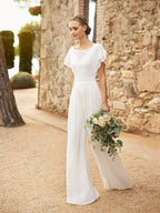 Modern Simple Wedding Dresses with Pants Boho Bridal Gowns Beach Bride Dress Round Neck Short Sleeve Wedding Gowns 2025 Back Out