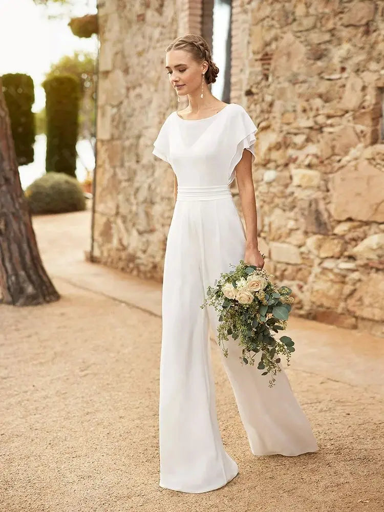 Modern Simple Wedding Dresses with Pants Boho Bridal Gowns Beach Bride Dress Round Neck Short Sleeve Wedding Gowns 2025 Back Out