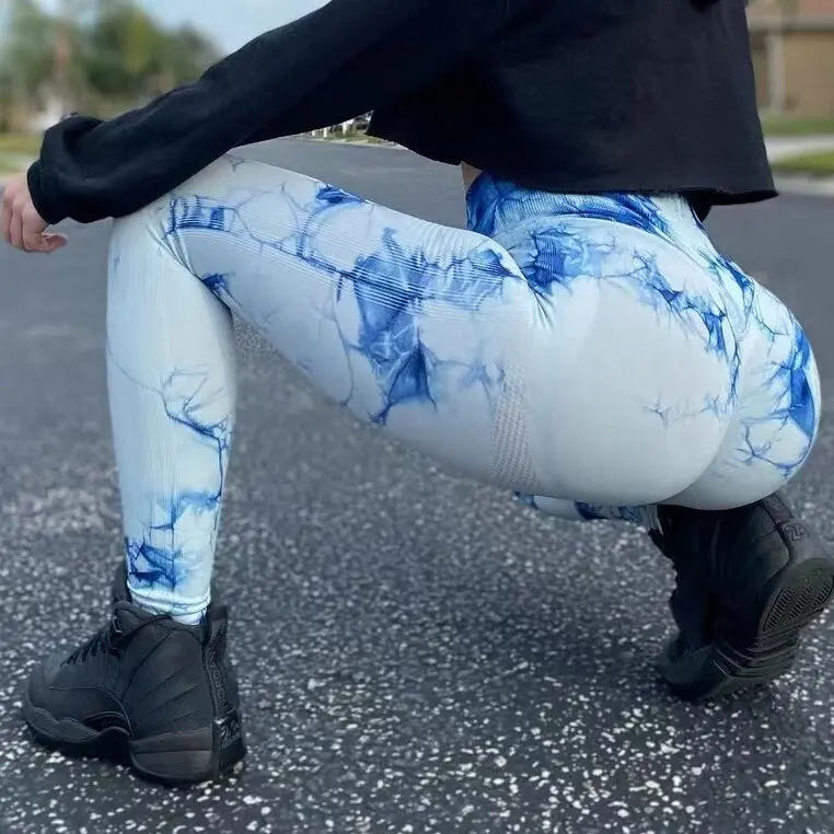 Women Gym Tie Dye Leggings Butt Lifting Fitness Yoga Athletic Scrunch Pants Elastic Workout Training Sports Tights